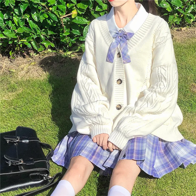 Chaqueta de punto japonesa Mori para niña, cárdigan de gran tamaño con bolsillos Kawaii, suéter cálido, color blanco y amarillo, para Otoño e Invierno