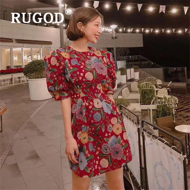 RUGOD корейские новые весенние женские платья с круглым вырезом и цветочным принтом с коротким рукавом, мини-платье в стиле ампир, модное винтажное женское платье