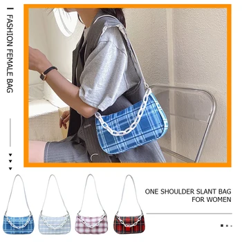 

Vintage Women Plaid Pattern Handbags Elegant Female Retro Acrylic Chain Underarm Shoulder Bags Canvas Totes Purse