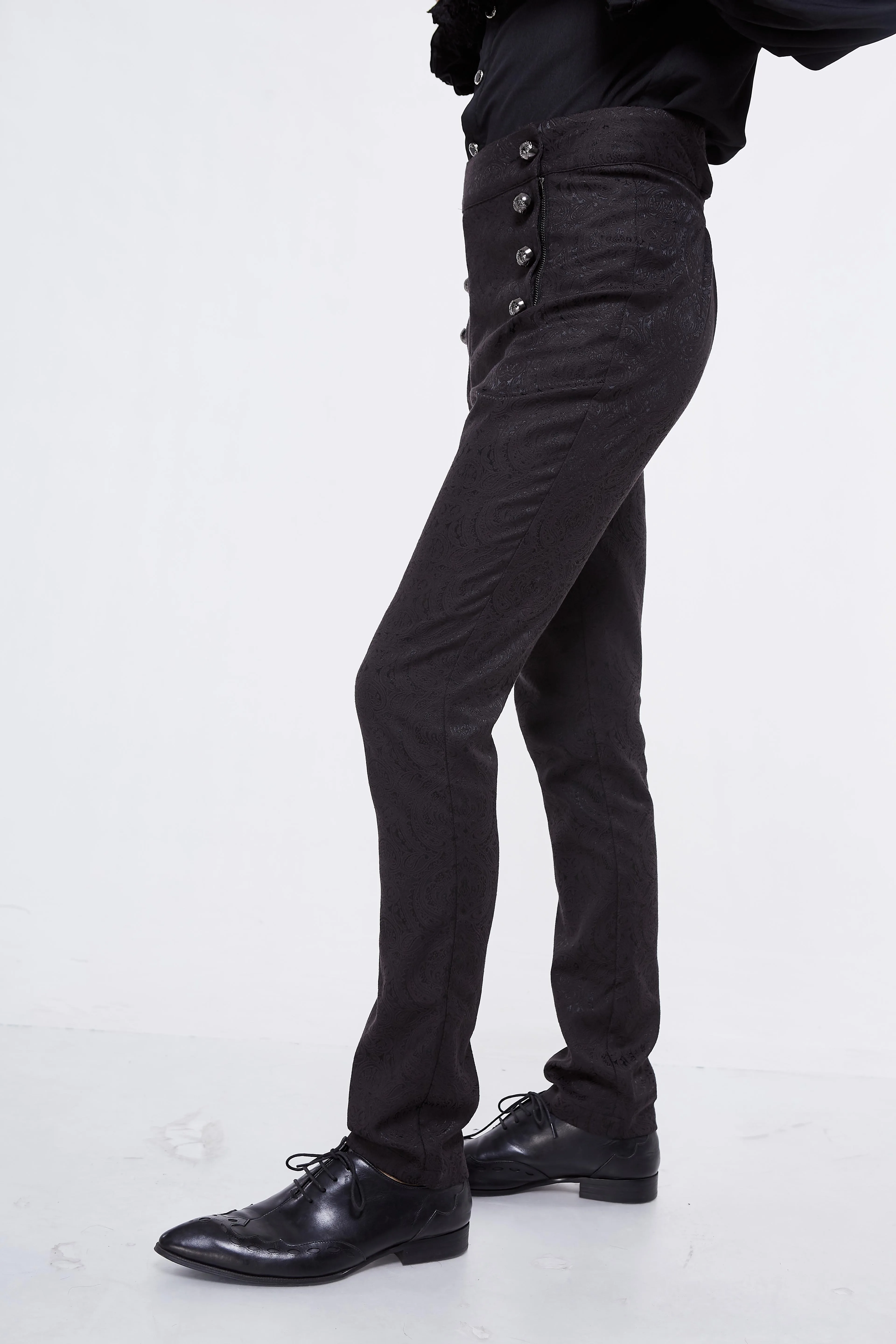 Devil модные джинсы с высокой талией Готический викторианский черный шелк брюки стимпанк брюки для хеллоуина для мужчин
