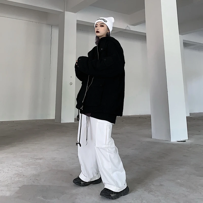 Куртка с хлопковой подкладкой, двухсторонняя одежда на Хлопчатобумажной Подкладке с искусственным мехом, пальто из овечьей шерсти для детей; плюшевые теплые свободные куртки Уличная сплошной черный ветровка Для женщин человек пальто с капюшоном Топ