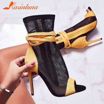 

Karinluna high heels Plus size 42 hollow out mesh Sexy Shoelaces Party Summer ankle boot Sandals Shoes Woman