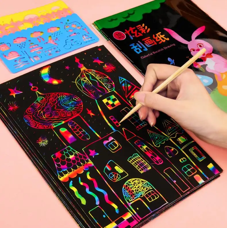 52 шт. Волшебная цветная бумага для скретч арта набор карт с Spirograph трафарет для граффити для рисования DIY художественная живопись игрушка детский подарок GYH