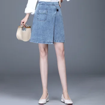 

Women Splice Loose High Waist Casual Wide Leg Skirt Denim Short Pants Office Lady Elegant Plus Size Knee Length Jeans Shorts