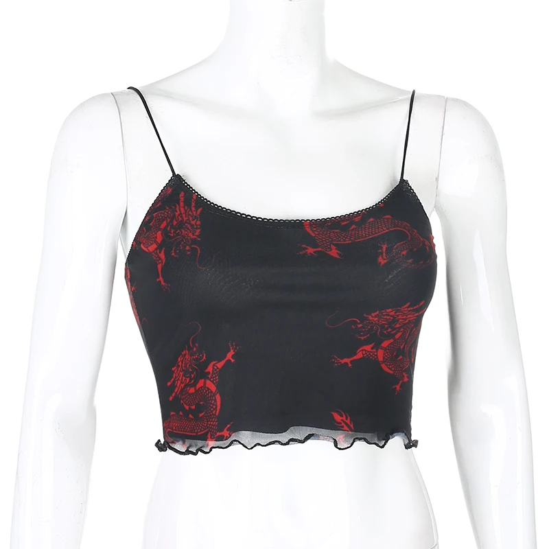 Darlingaga Chinese Style Dragon Print Summer Two Piece Set Women Mesh Sexy Matching Sets Strap Crop Top and Mini Skirt Suit 2020