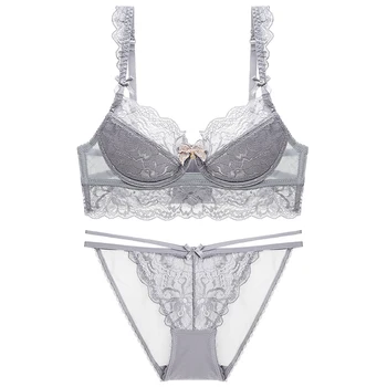

Women Sexy Bras Set Lace Bra Underwear Bow Bralette Lingerie Ultra-thin Brassiere Briefs Panties Set Female Intimates #F