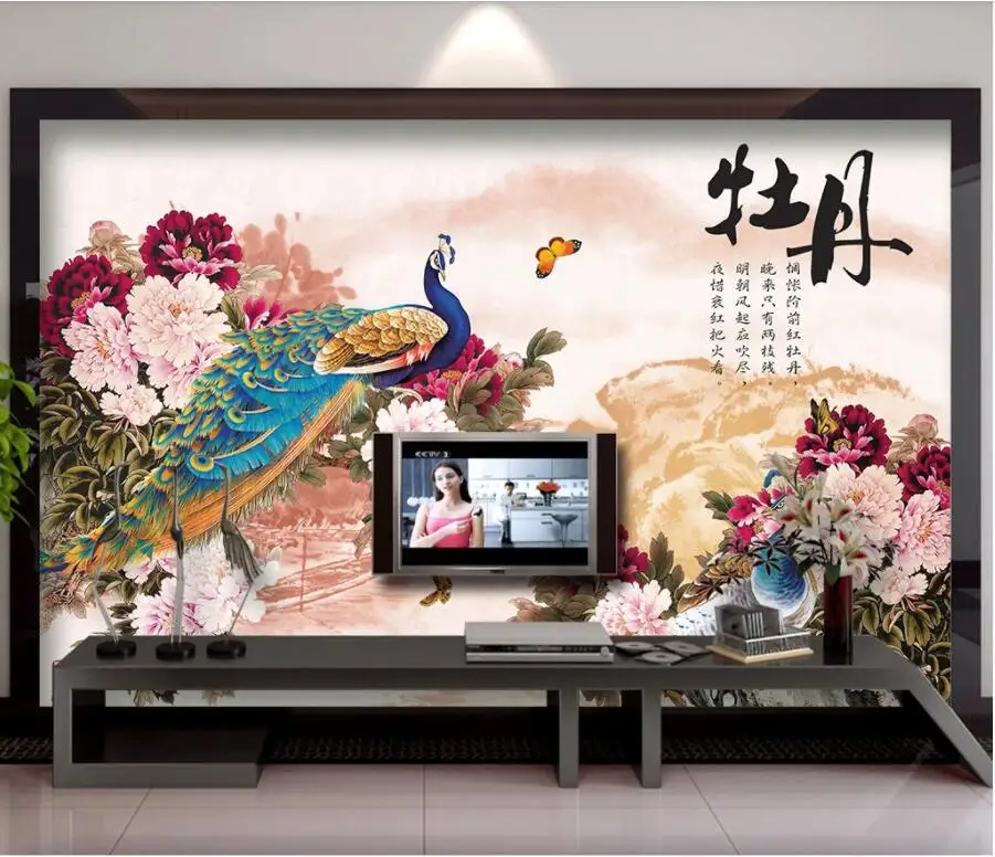 

Custom photo 3d wallpaper Chinese Peony Flower Peacock tv background home decor 3d wall murals wallpaper for living room