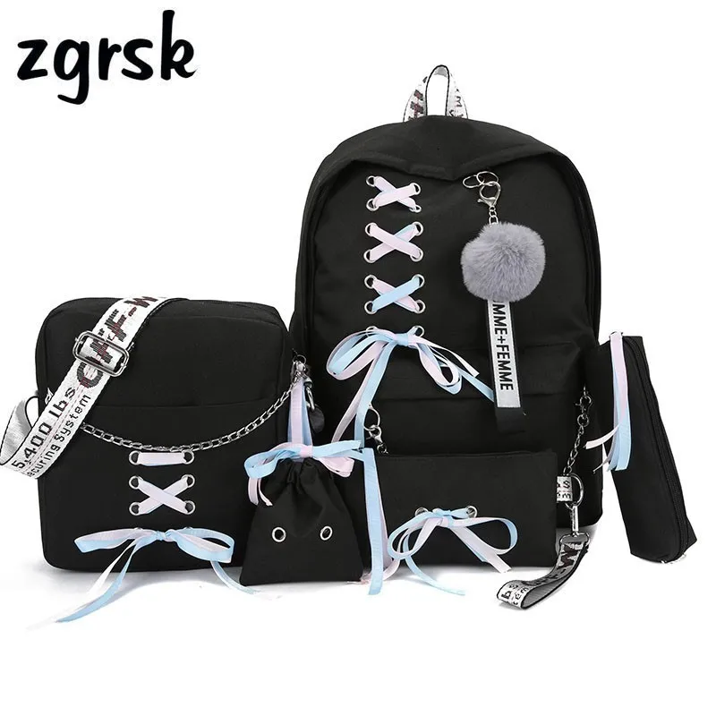 

Chain USB Backpack Women Canvas 5pcs/set Women Backpack Teenager Girls Backpacks Shoulder Bag Female Student School Bags Tassel