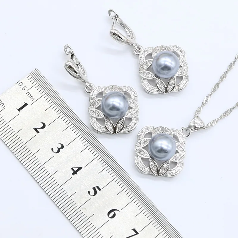 Серый жемчуг 925 стерлингового серебра Ювелирные наборы для женщин черный циркон браслет серьги ожерелье кулон кольца Подарочная коробка