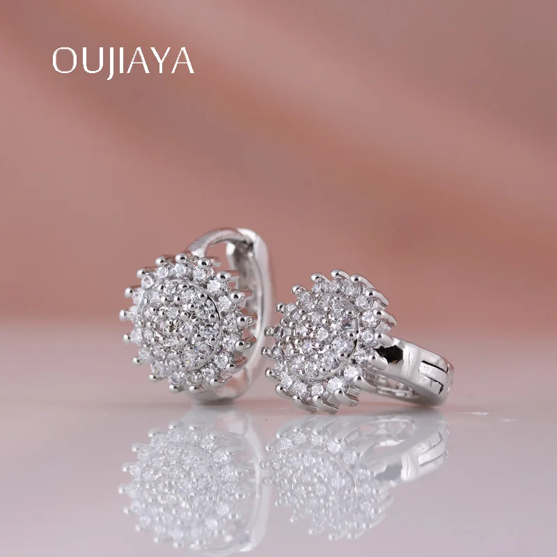 OUJIAYA Simple Exquisite 585 Rose Gold round earrings Natural Zircon Fine Jewelry Women Dangle Earrings RU Hot Party Wedding A59