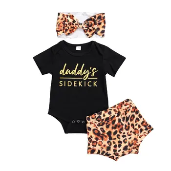 

Newborn Baby Girl Leopard Print Clothes 3Pcs Short Sleeve Letter Romper + Shorts + Bow Headband Outfit