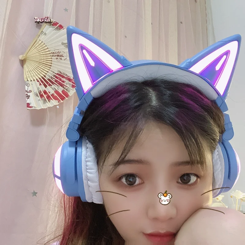 Orignal Full new YOWU 3S Cat ears Blue Wireless bluetooth headset  LED Luminescence Comics game headphone for girl