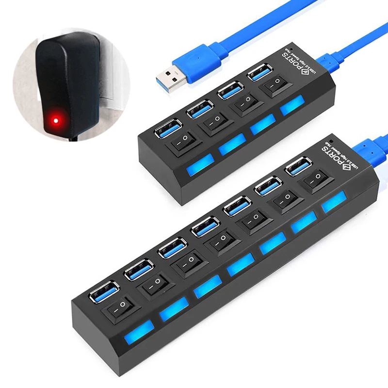 Usb-хаб 3,0 Мульти USB 3,0 концентратор USB разветвитель 2,0 Hab несколько 4/7 портов расширитель с адаптером питания Компьютерные аксессуары для ПК