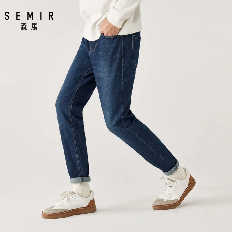 SEMIR, Стрейчевые джинсы, зимние, мужские, ins, порт, стиль, с буквенным принтом, маленькие, прямые брюки, удобные, стрейчевые, мужские джинсы