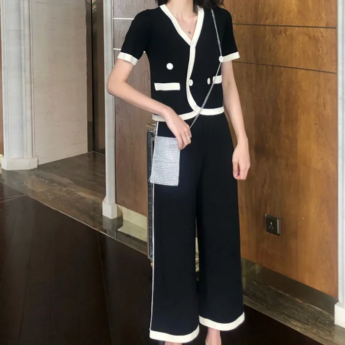 

Fashion Women High Quality Short Sleeve V Neck Top + Wide Leg Full Length Pants Knitting Casual Suit 2PC Two Piece Set S-XXL