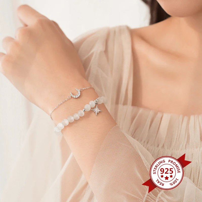 

s925 sterling silver bracelet actress month double layer chain white opal bracelets simple fashion cold wind jewelry A30
