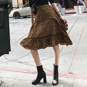 

S-5XL Celmia Sexy Women Leopard Print Midi Skirt 2020 Autumn High Waist Ruffles Pleated Casual Skirt Plus Size Loose Party Skirt