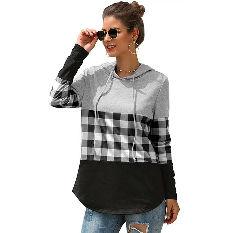 

Women Hoodie Plaid Splice Multicolors Jacket Winter Long Sleeve Pullover Warm Sweatshirt Outwear