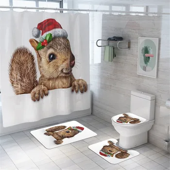 

Bathroom Set Squirrel Pattern Waterproof Shower Curtain Polyester Bath Curtains Toilet Cover Mat Non Slip Rug