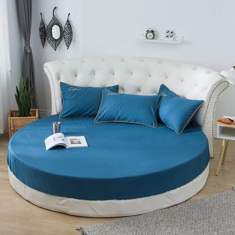 Cotton Fitted Sheet with Elastic Bands Bed Linen for Round Mattress Cover Solid Color Single Queen Size Black White Bedspread 5