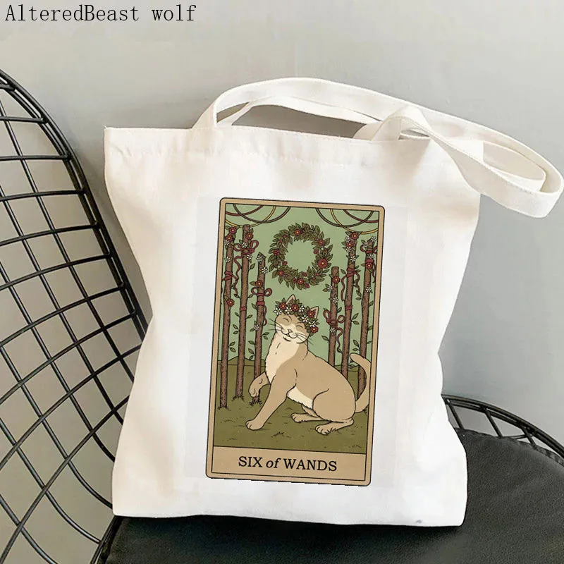 Women Shopper bag Six of Wands cat Tarot Kawaii Bag Harajuku Shopping Canvas Shopper Bag girl handbag Tote Shoulder Lady Bag