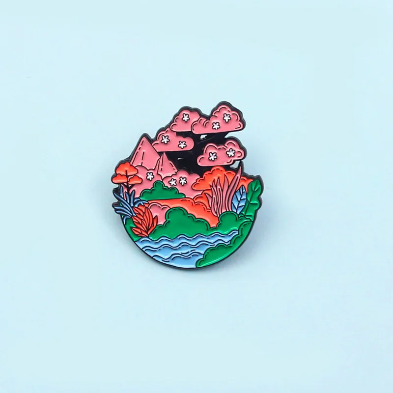 Pink Mountain Stream Water Forest Stream Bella Pittura Spilla In Metallo Smaltato Dolce Romantico Distintivo Spilla Gioielli Regalo Ragazza