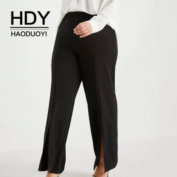 

HDY Haoduoyi 2020 New Fashion Women Plus Size Loose Office Lady Simple Folds High Waist Wide Leg Split Solid Wild