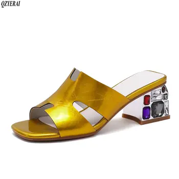 

Genuine leather Slippers women European brand crystal heels comfortable sandals genuine cowhide women's shoes size 34-42