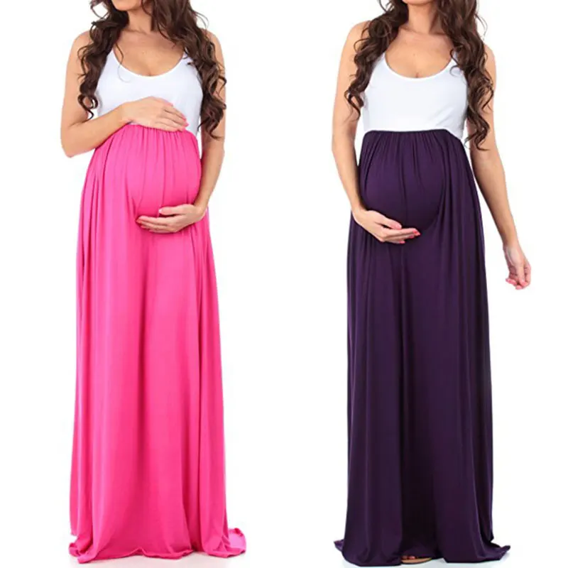 New Elegant Maternity Dresses Solid Color Round Neck Sleeveless Stitching Long Dresses Summer Maxi Dress Vestidos Nursing Dress