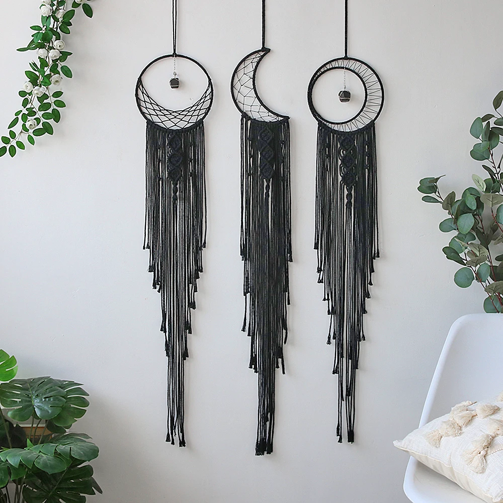 Black Sun Moon Dream Catcher Nordic Macrame Dreamcatcher With Crystal Wall  Room Home Decor Yard Garden Bedroom Decoration