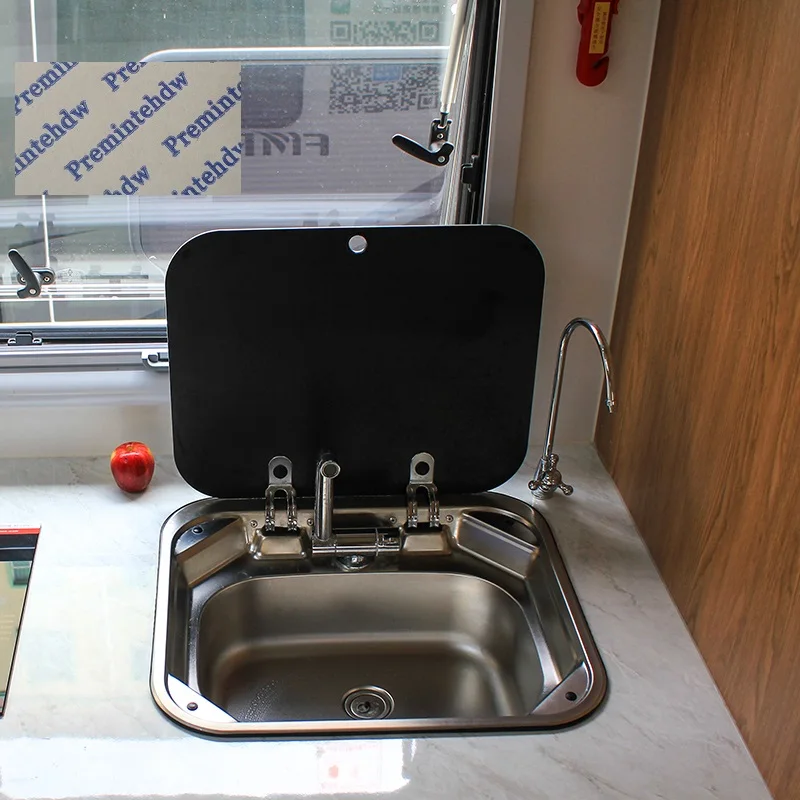304 Stainless Steel Sink With Hinged Flap Tempered Glass Lid Folding Mixing Faucet RV Trailer Caravan