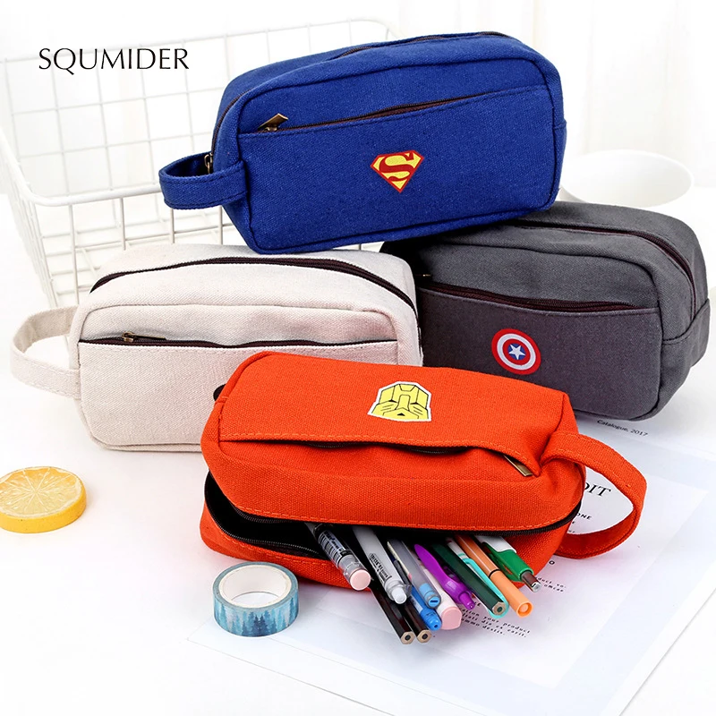 

Superhero canvas pencil case large capacity zipper student stationery box portable storage bag boys and girls learning gifts