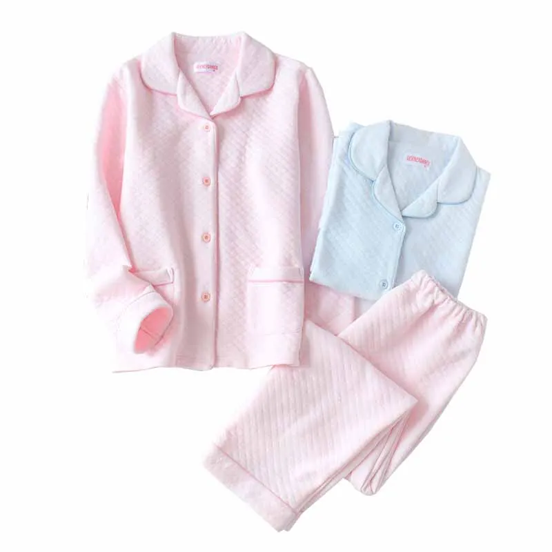 

Autumn And Winter New Ladies Pajamas Set Comfort Full Cotton Sleepwear Femme Solid Color Simple Style Homewear Turn-down Collar