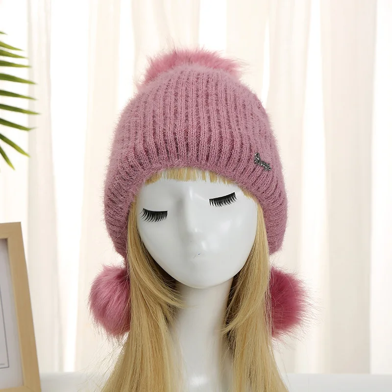 Women Winter Hat Knitted Red Beanie Hat Cashmere Knitted Hats for Women Cap Ladies Girls Fur Pompon Solid Beanies Bonnet Adult