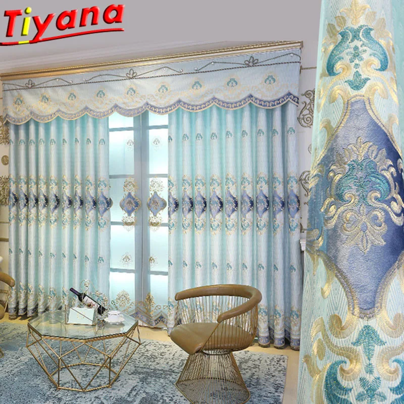 

Luxury Embroider Blue Curtains European Blackout Curtain Coffee Fabric Bedroom Tulle Sheer Drapes for Living Room WH033+#40