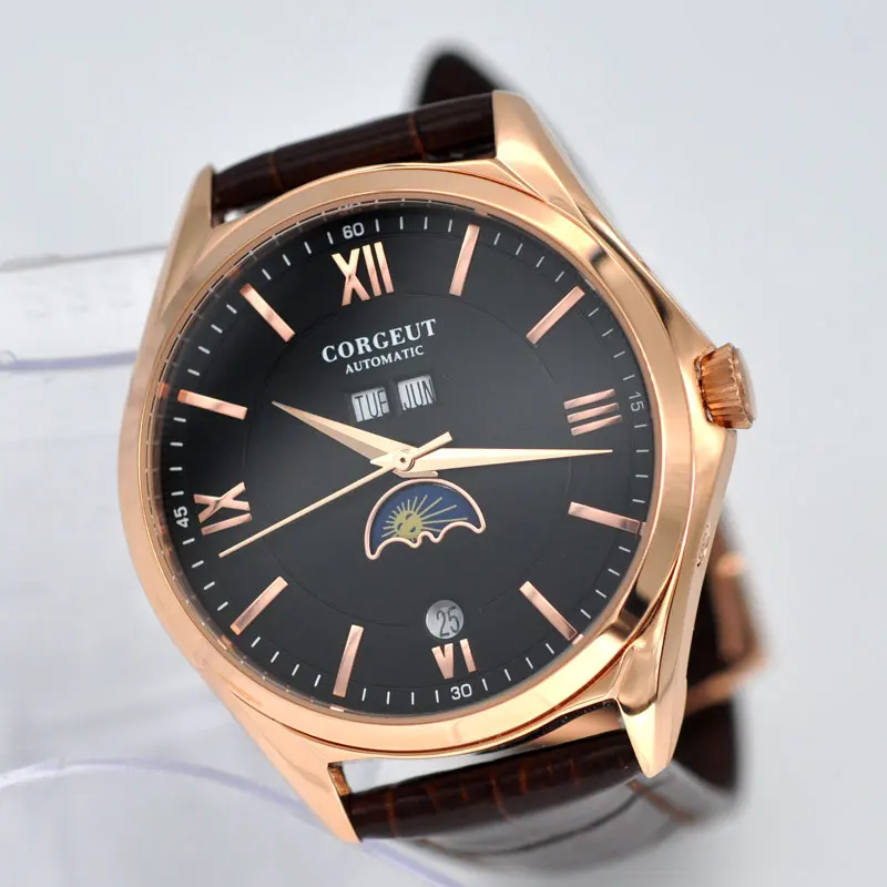 Corgeut 41 мм Moon Phase черный циферблат новые мужские часы автоматические механические наручные часы водонепроницаемые 316SS rosegold pvd чехол