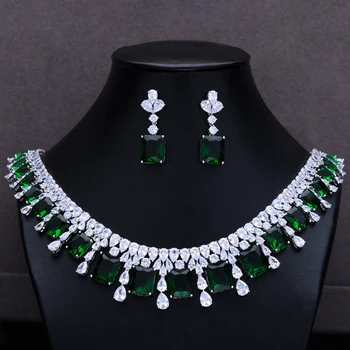 

missvikki Luxury Tassel Green Crystal 2PCS Jewelry Women Wedding Naija Bridal Cubic Zirconia Necklace Dubai Dress Jewelry Set
