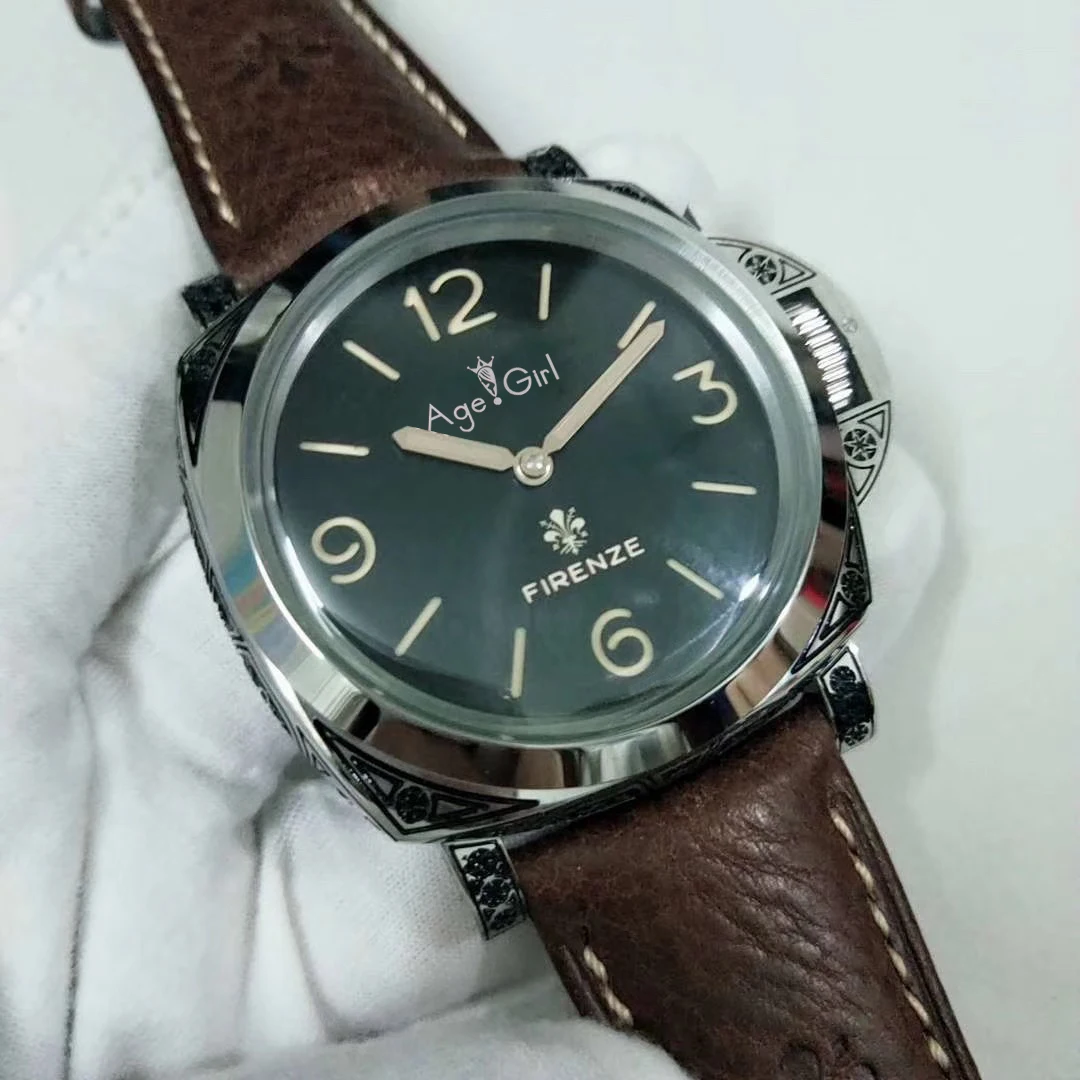 

Luxury Brand New Automatic Mechanical Men Sculpture Flower Firenze Brown Leather Sapphire Stainless Steel Luminous Watches 47mm