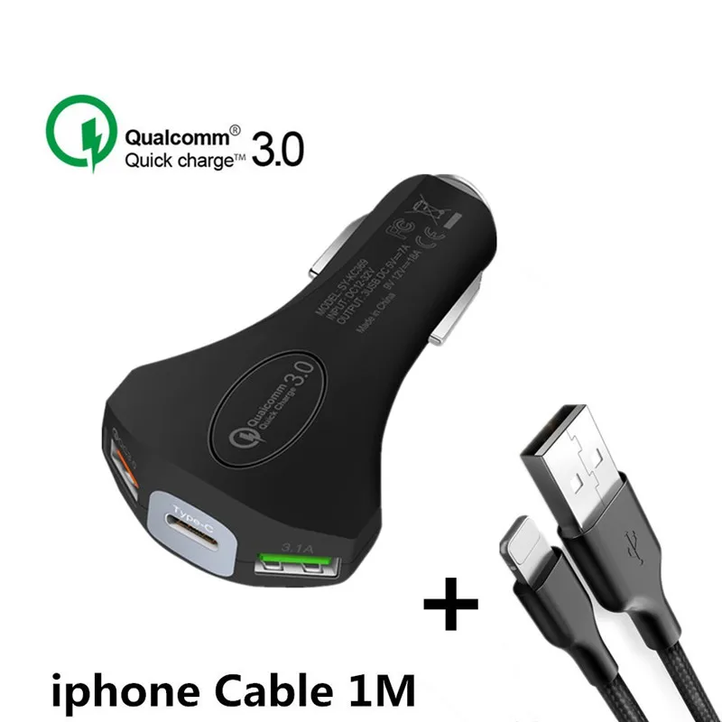 Быстрое Автомобильное зарядное устройство 3,0 5 В/3,1 А, двойной usb type C для IPhone, Xiaomi, samsung, автомобильное USB зарядное устройство, автомобильное зарядное устройство, зарядное устройство для мобильного телефона - Тип штекера: Black  ip Cable