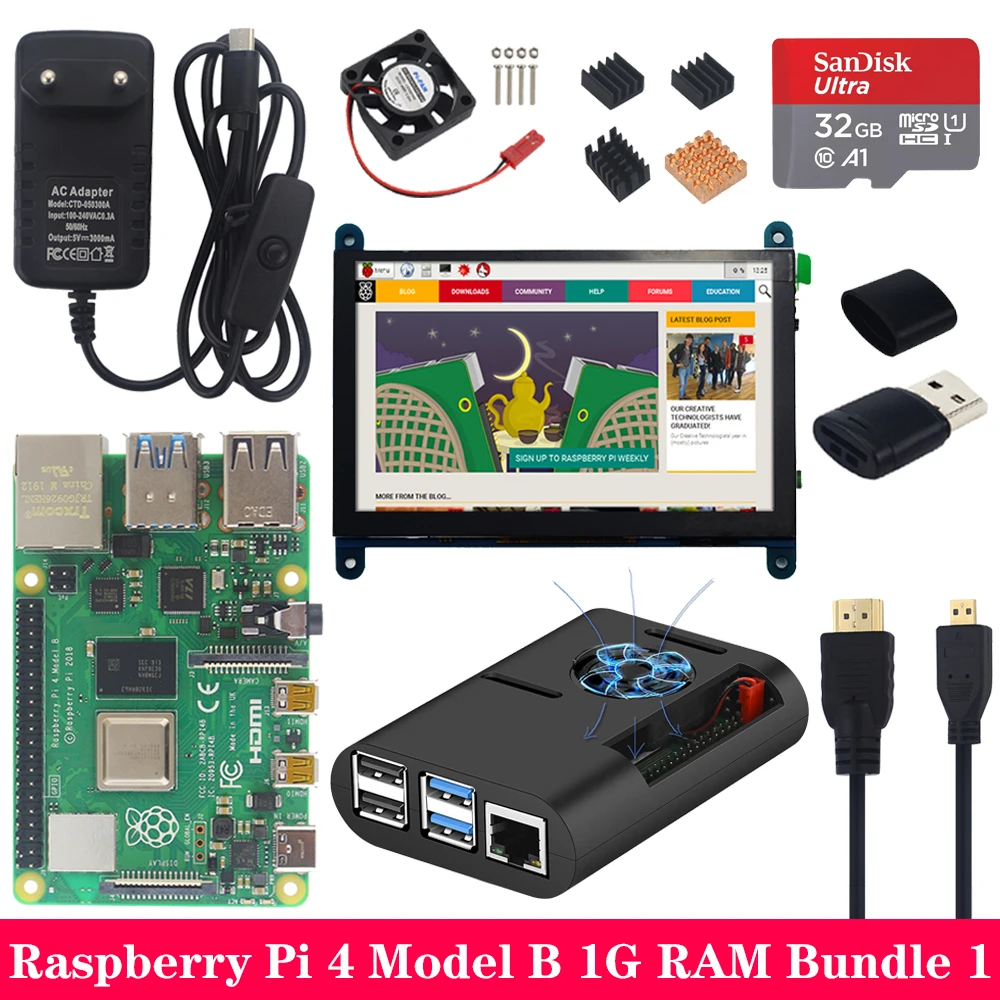 Raspberry Pi 4 Модель B 1Г 2Г сети 4G Оперативная память с 5 дюймов 800*480 с сенсорным экраном, ЖК-дисплей Питание чехол SD карты теплоотвод для Raspberry Pi 4B - Комплект: Комплект 1