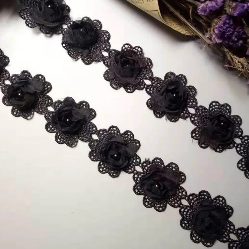 

1 Yard Black Pearl 3D Flower Tassel Lace Edge Trim Ribbon Fabric Embroidered Applique Sewing Craft Crochet Wedding Dress Clothes