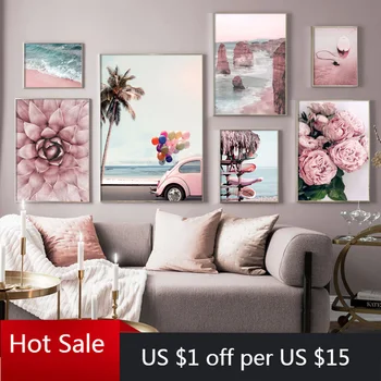 

Wall Art Canvas Painting Pink Beach Flower Surfboard Car Nordic Prints Wall Decor Pictures For Posters Aesthetic Room Decorative