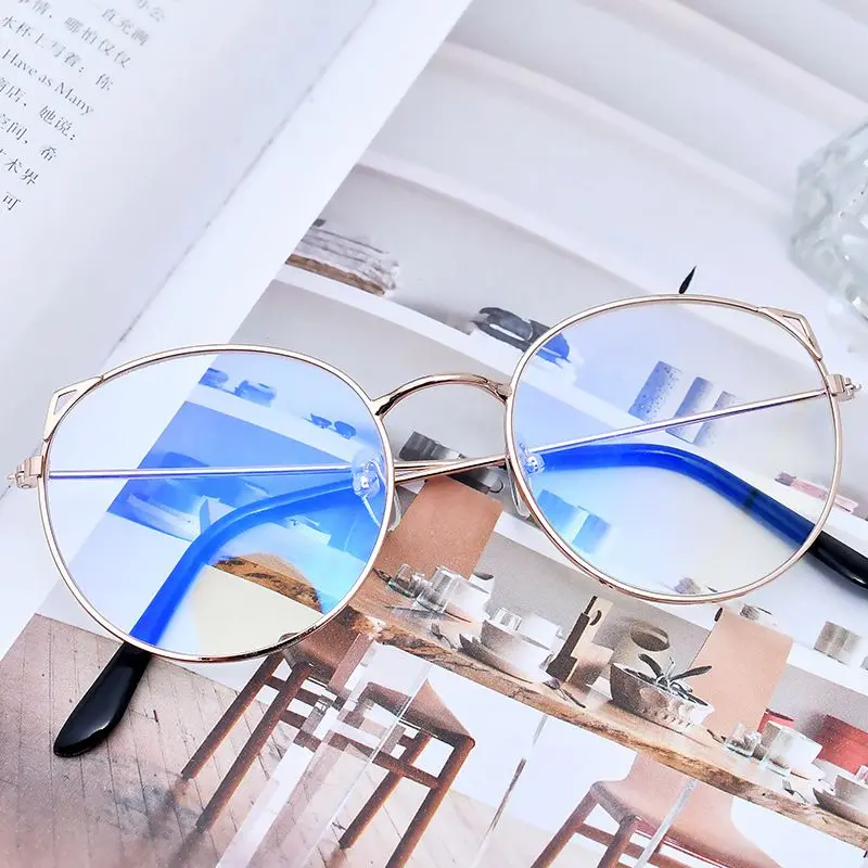 1 шт. в Корейском стиле кошачьи очки с ушками металлическая оправа ретро круглые легкие плоские зеркальные женские оптические очки прибор для ухода за глазами - Цвет: gold