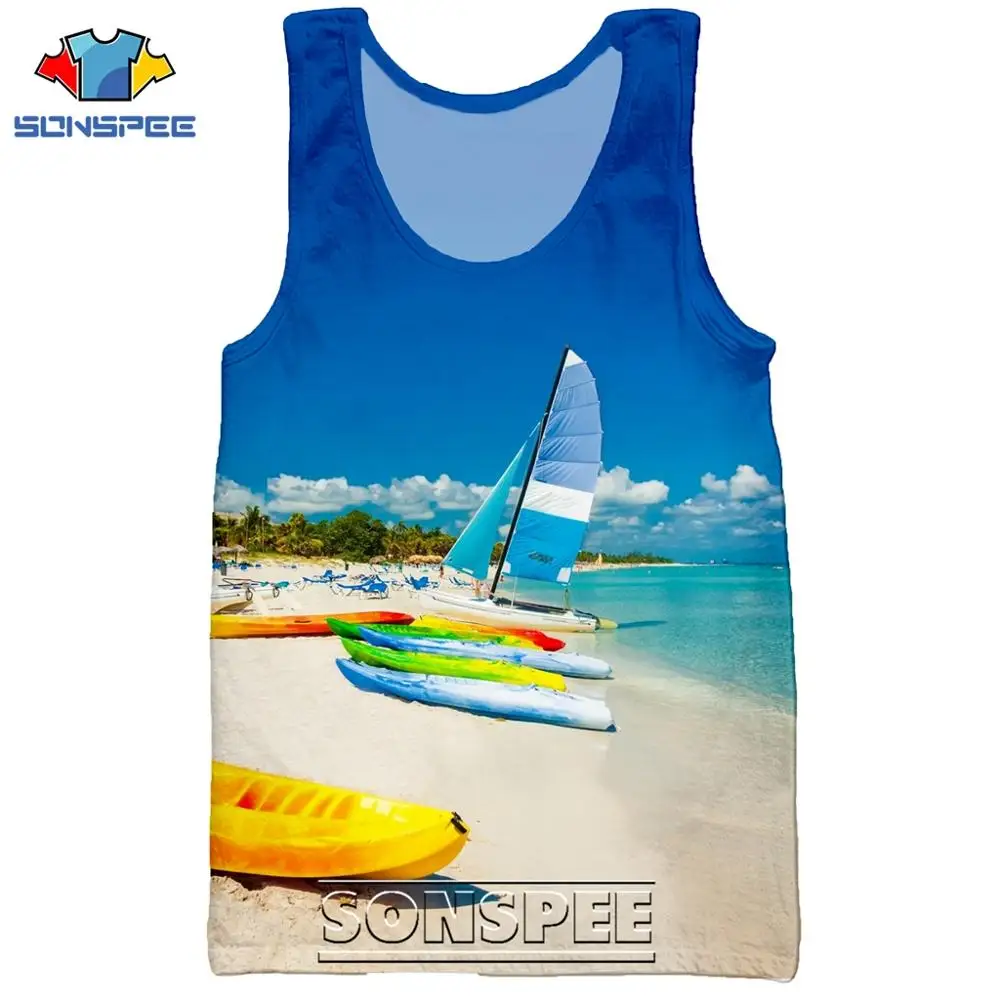 SONSPEE 3D Print Palm Tree Summer Beach Sea Men's Tank Tops Casual Fitness Bodybuilding Gym Muscle Men Sleeveless Vest Shirt