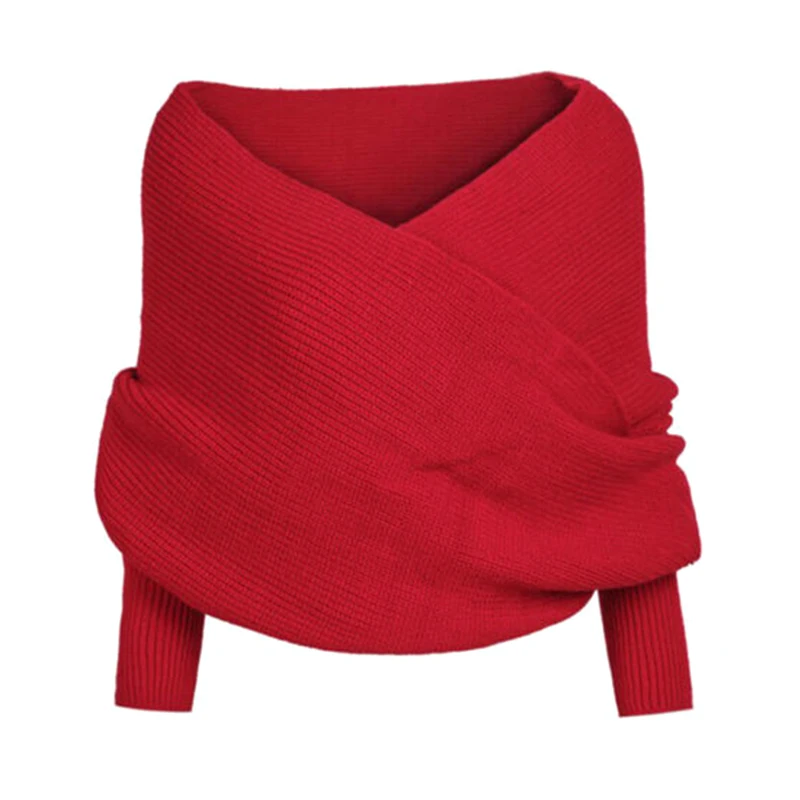 Женский вязаный свитер, топы, шарф с рукавом, зимняя теплая шаль, шарфы, Осенний вязаный свитер с v-образным вырезом, трикотаж с запахом, модный - Цвет: Red