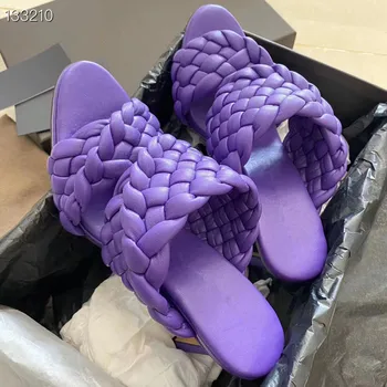 

Runway Fashion Purple Woven-strap Slip-on Mules High Heel Curve Sandals Women 2020 Open Toe Slides Kobiety Sandały Leather Shoes