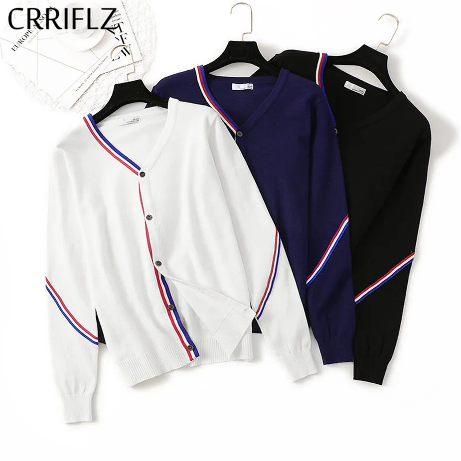 

Sweater Cardigan 2020 New Striped Three-dyed Woven Wide Loose Computer Knitted V-neck Casual Single Breasted Full CRRIFLZ