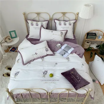 

Autumn Winter Flannel Bedding Set 4pcs Purple Lavender Embroidery Quilt Cover Fleece Sheet Pillowcase Thick Velvet Duvet Cover