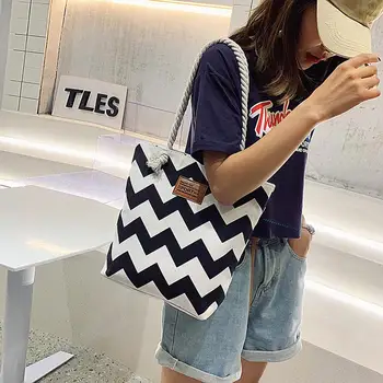 

Canvas Handbag Women Fashion Striped Totes Shopping Large Capacity Shoulder Bag Exquisite Design Simple and Stylish
