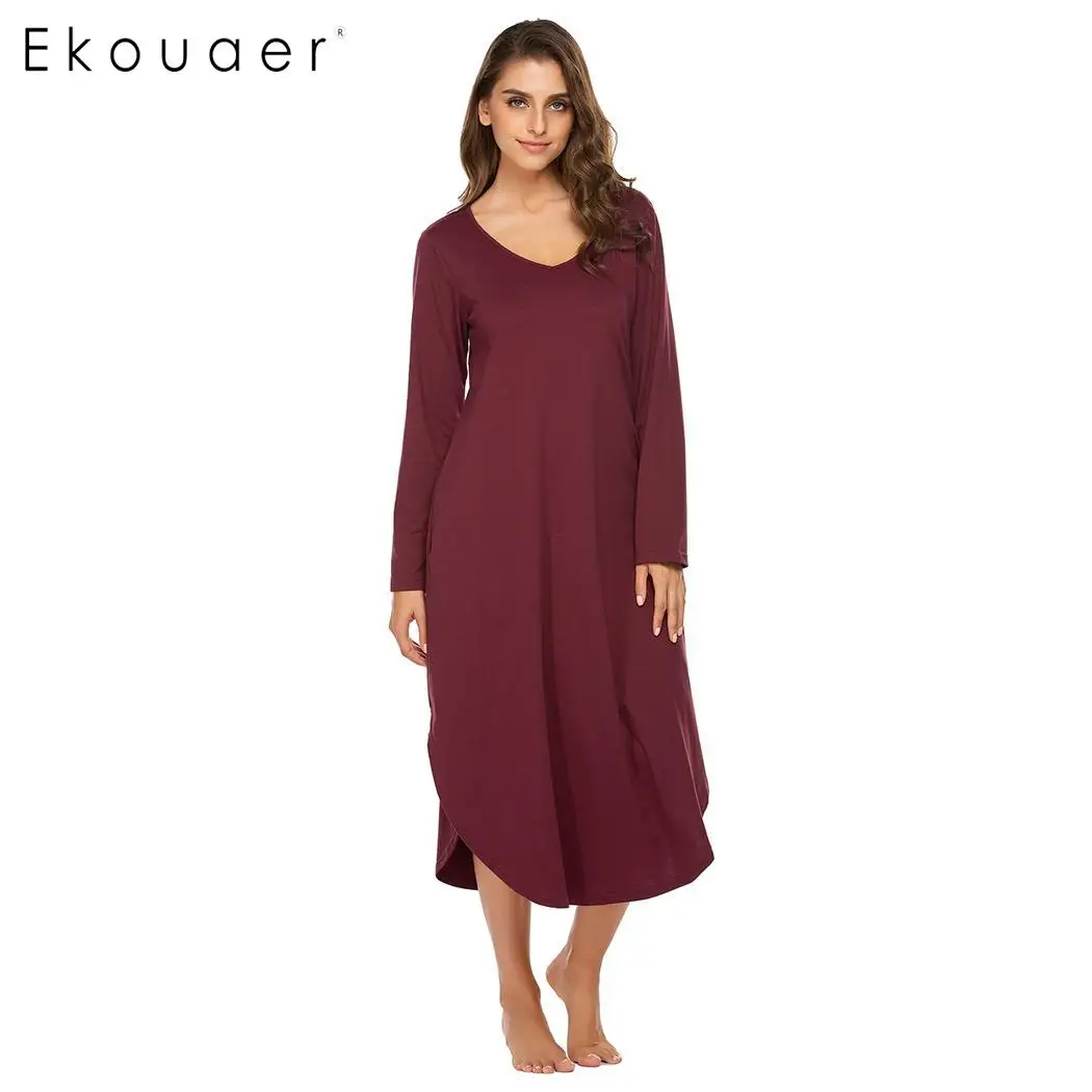 

Ekouaer Women Loungewear Nightgown V Neck Long Sleeve Loose Sleepwear Nightdress Female Soft Long Nighties Sleepshirts